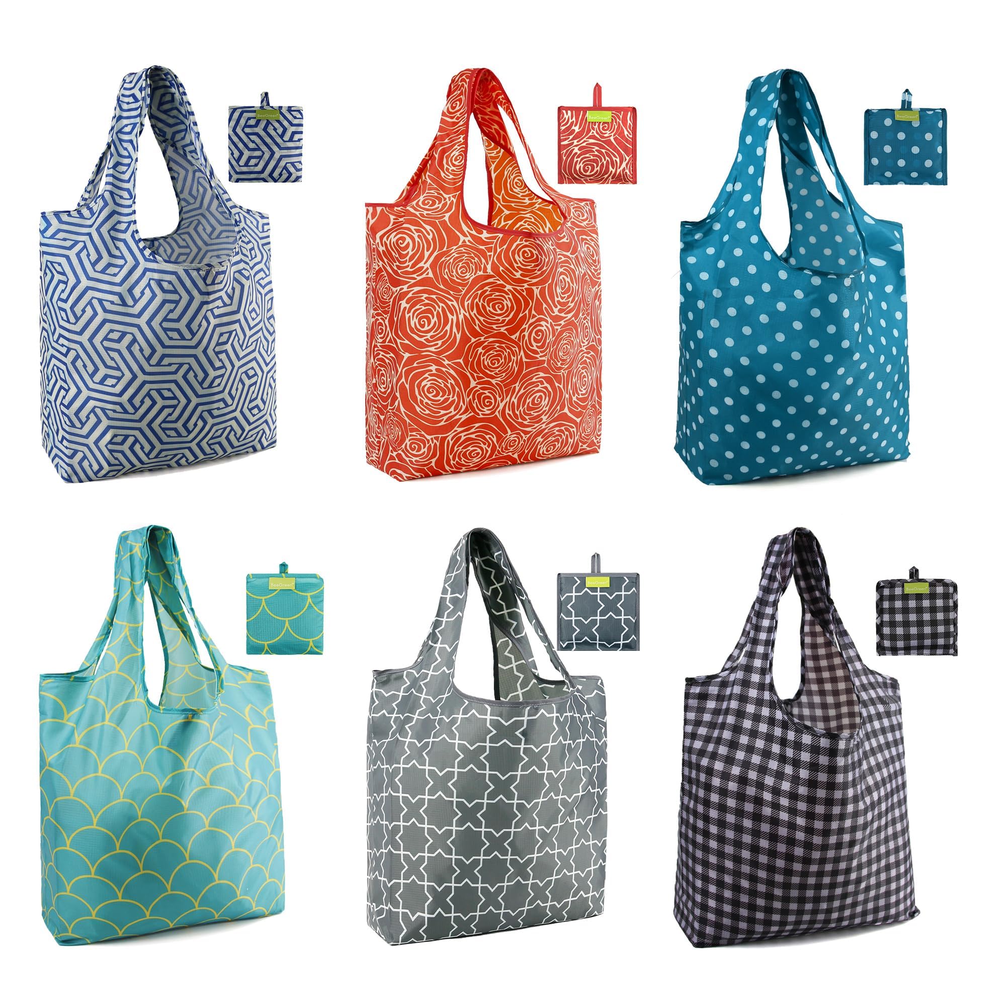 BeeGreen Christmas Reusable Gift Bags,6 Pack Large Holiday Tote Foldable Cloth Bag for Women, Cute Grocery Storage for Xmas Gifts Market Shopping, Washable Collapsible Reusable Bags with Handles